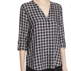 Soft Joie Black Plaid 3/4 Sleeve Roll Tab Pull Over Button Blouse